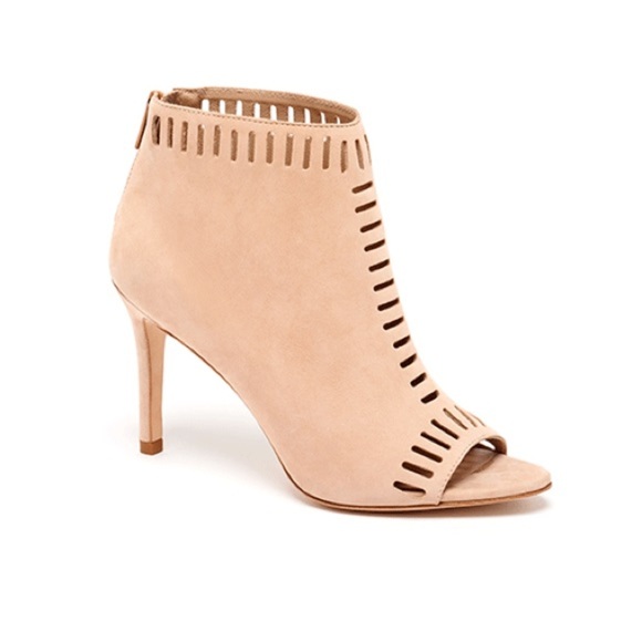 Loeffler Randall Sloane Perforated Suede Peep Toe Heeled Booties in Shell 8 - Picture 1 of 11